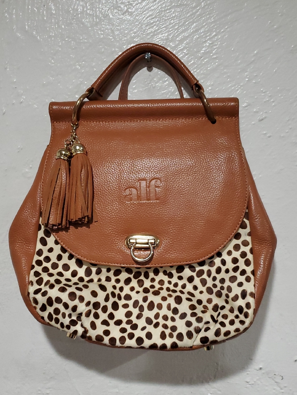 Alf The Label Muriel Tan Leather Satchel with Cowhide and Tassel